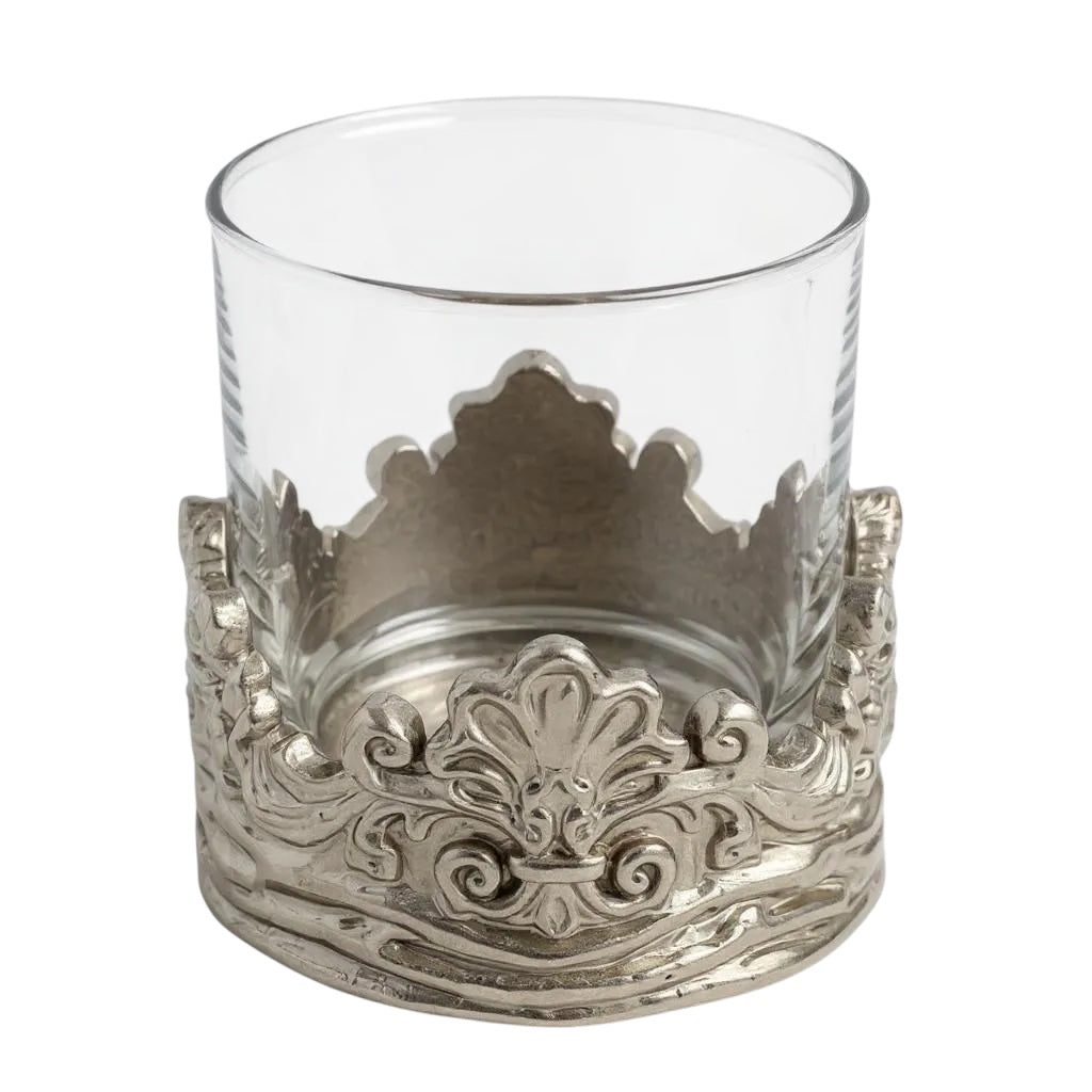 Set of 2 & Set of 4 - Intricate Baroque-style Crown Detail Whiskey Glasses | Juice Glasses | Statement Barware | Gold, Silver or Antique Finish