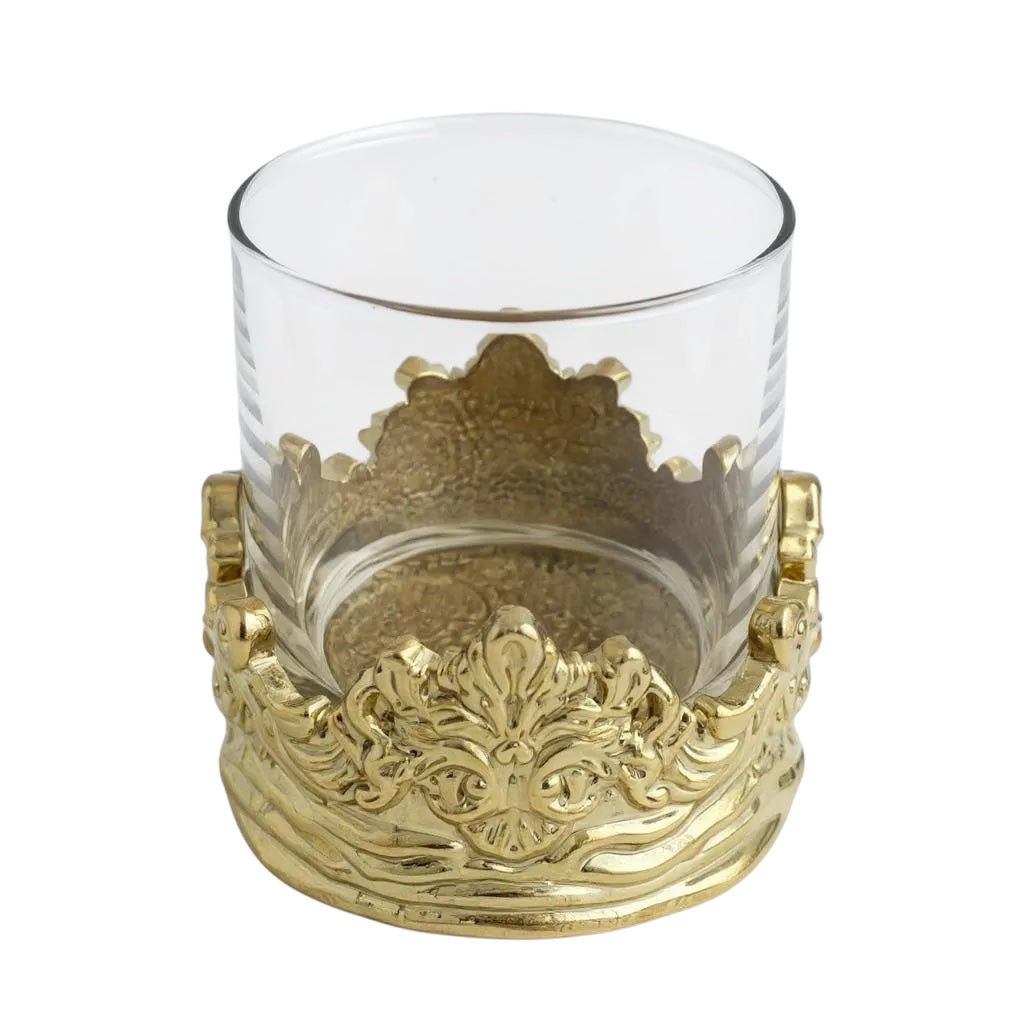Set of 2 & Set of 4 - Intricate Baroque-style Crown Detail Whiskey Glasses | Juice Glasses | Statement Barware | Gold, Silver or Antique Finish