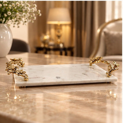 White Marble Natural Serving Tray with Gilded Floral Handles