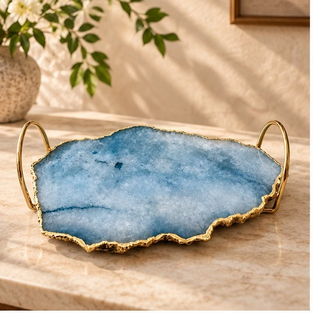 Blue Agate Serving Tray With Brass Loop Handles