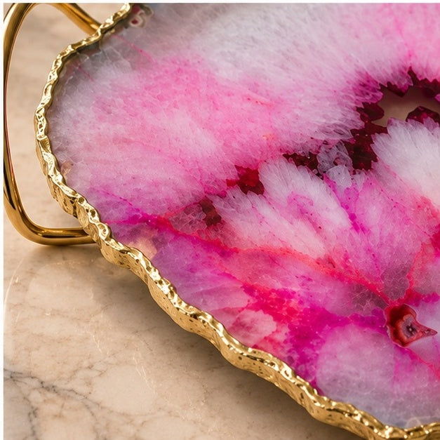 Pink Agate Serving Tray With Brass Loop Handles
