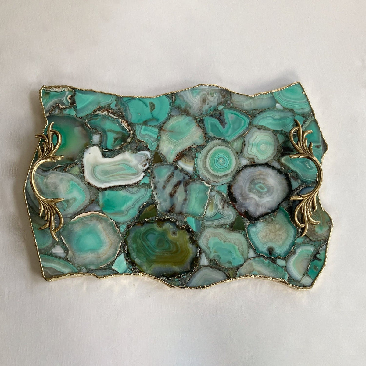 Large Green Agate Serving Tray with Brass Handles 10" x 15"