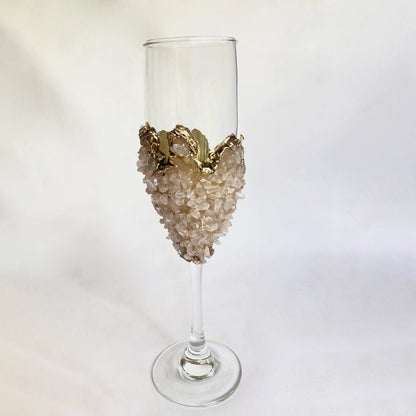 Crystal Champagne Glasses with Rose Quartz Agate – Set of 2, 7 oz