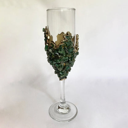 Crystal Champagne Glasses with Dark Green Agate – Set of 2, 7 oz