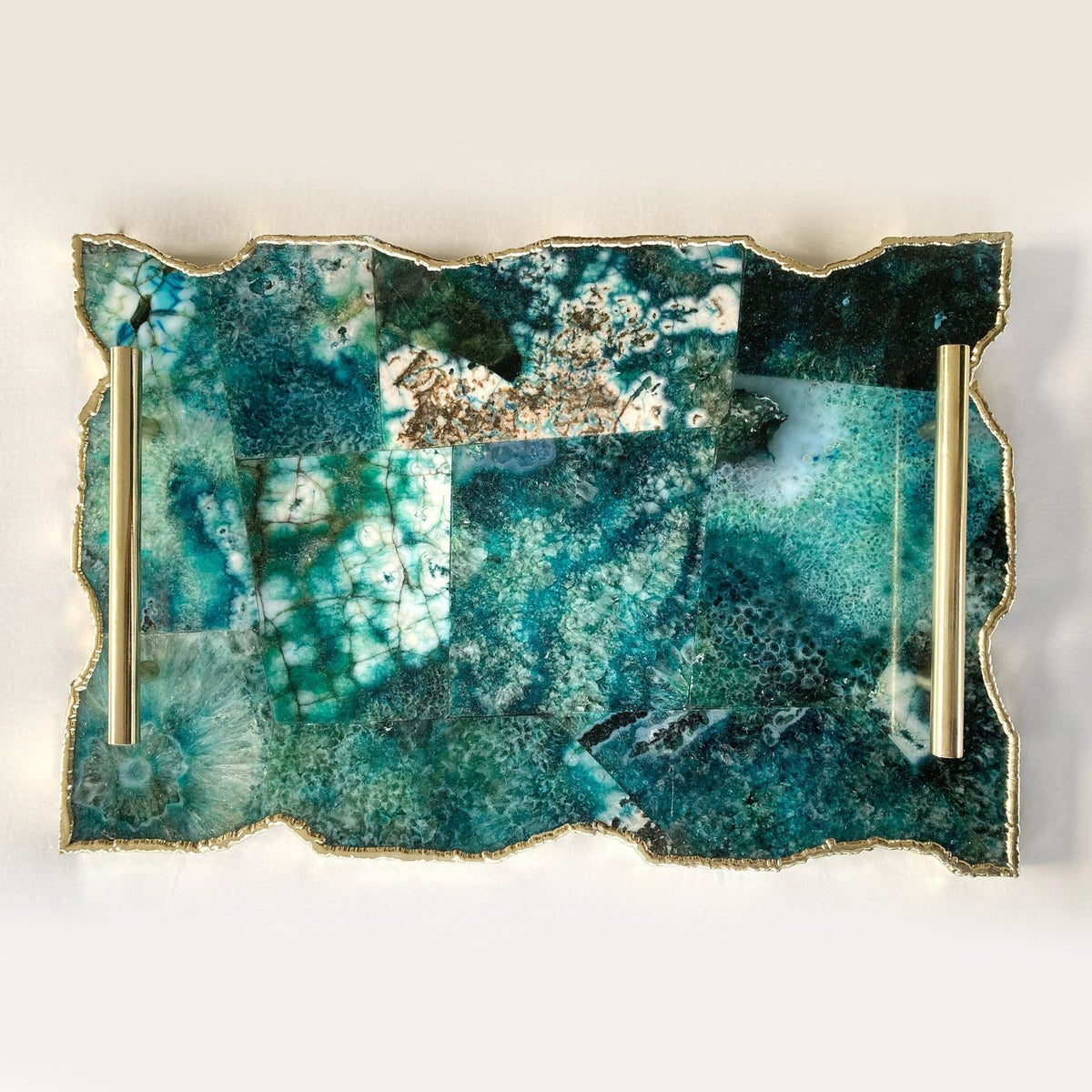 Large Composite Green Agate Serving Tray With Plain Modern Brass Handles 10"x15"