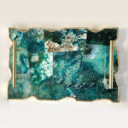Large Composite Green Agate Serving Tray With Plain Modern Brass Handles 10"x15"