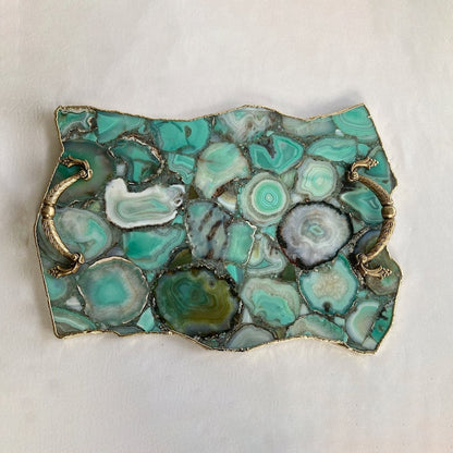 Large Green Agate Serving Tray with Brass Handles 10" x 15"