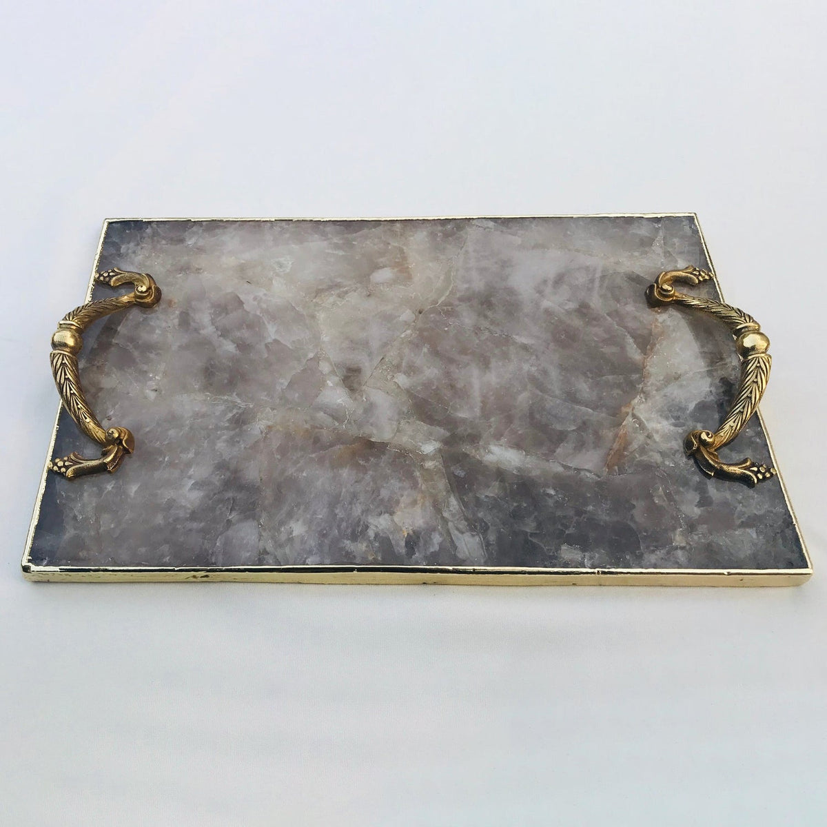 Smoky Quartz Serving Tray with Brass Handles