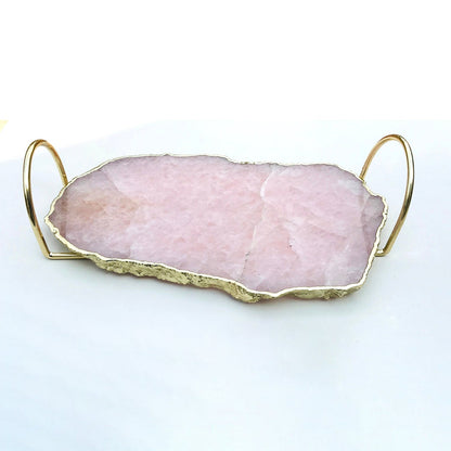 Rose Quartz Agate Serving Tray With Brass Loop Handles