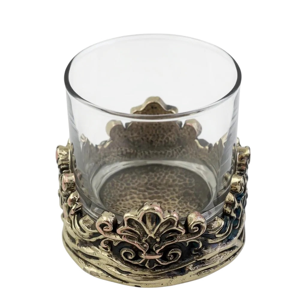 Set of 2 & Set of 4 - Intricate Baroque-style Crown Detail Whiskey Glasses | Juice Glasses | Statement Barware | Gold, Silver or Antique Finish