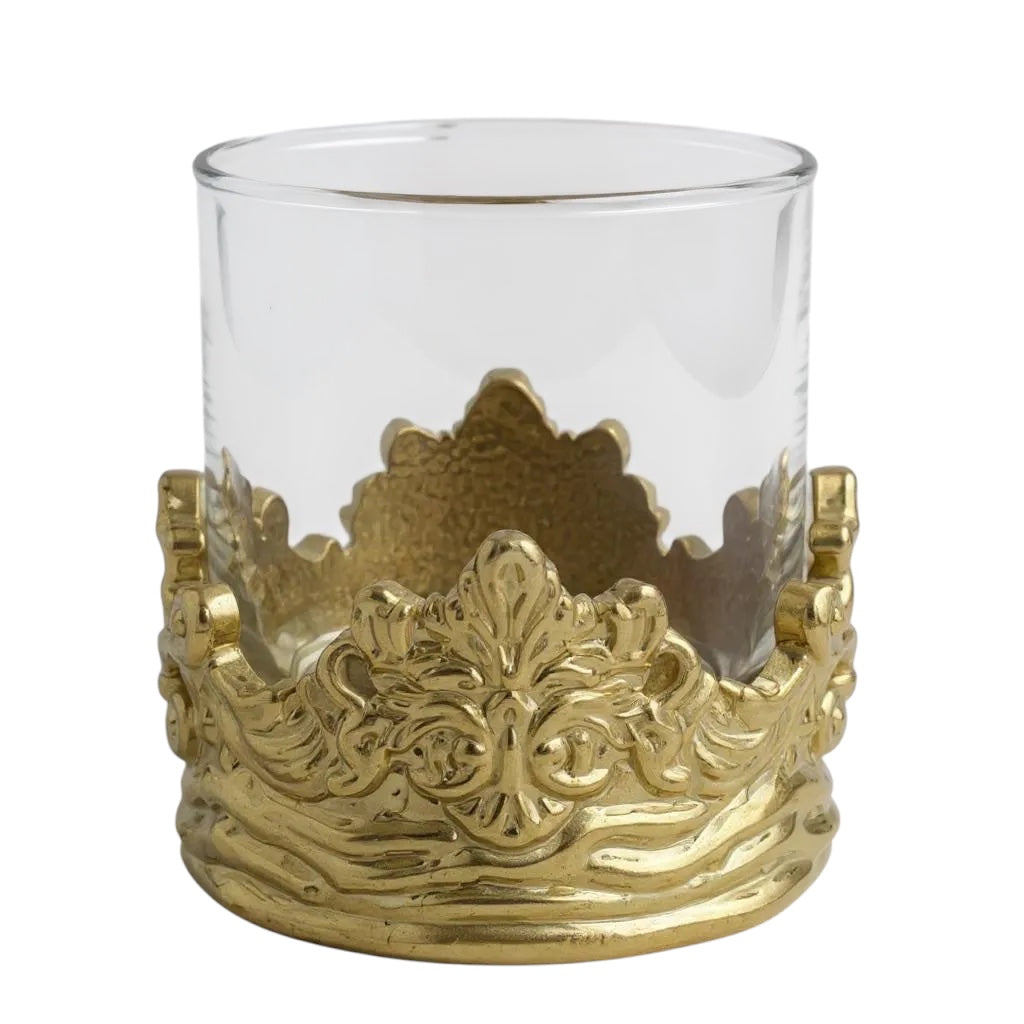 Set of 2 & Set of 4 - Intricate Baroque-style Crown Detail Whiskey Glasses | Juice Glasses | Statement Barware | Gold, Silver or Antique Finish
