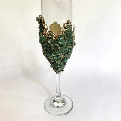 Crystal Champagne Glasses with Dark Green Agate – Set of 2, 7 oz