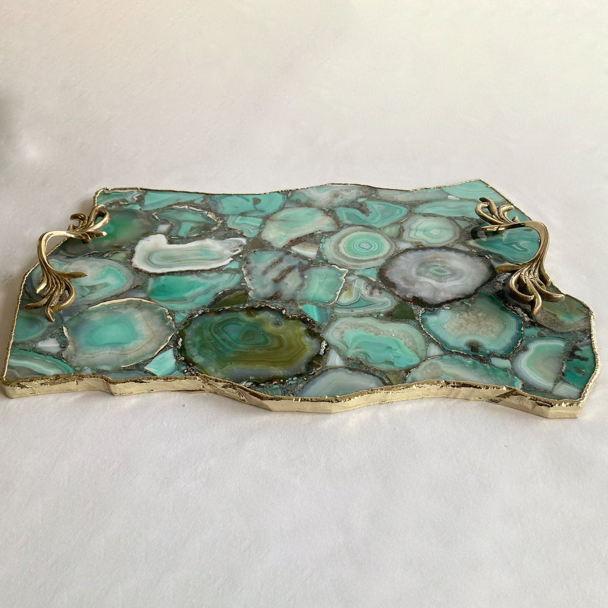 Large Green Agate Serving Tray with Brass Handles 10" x 15"