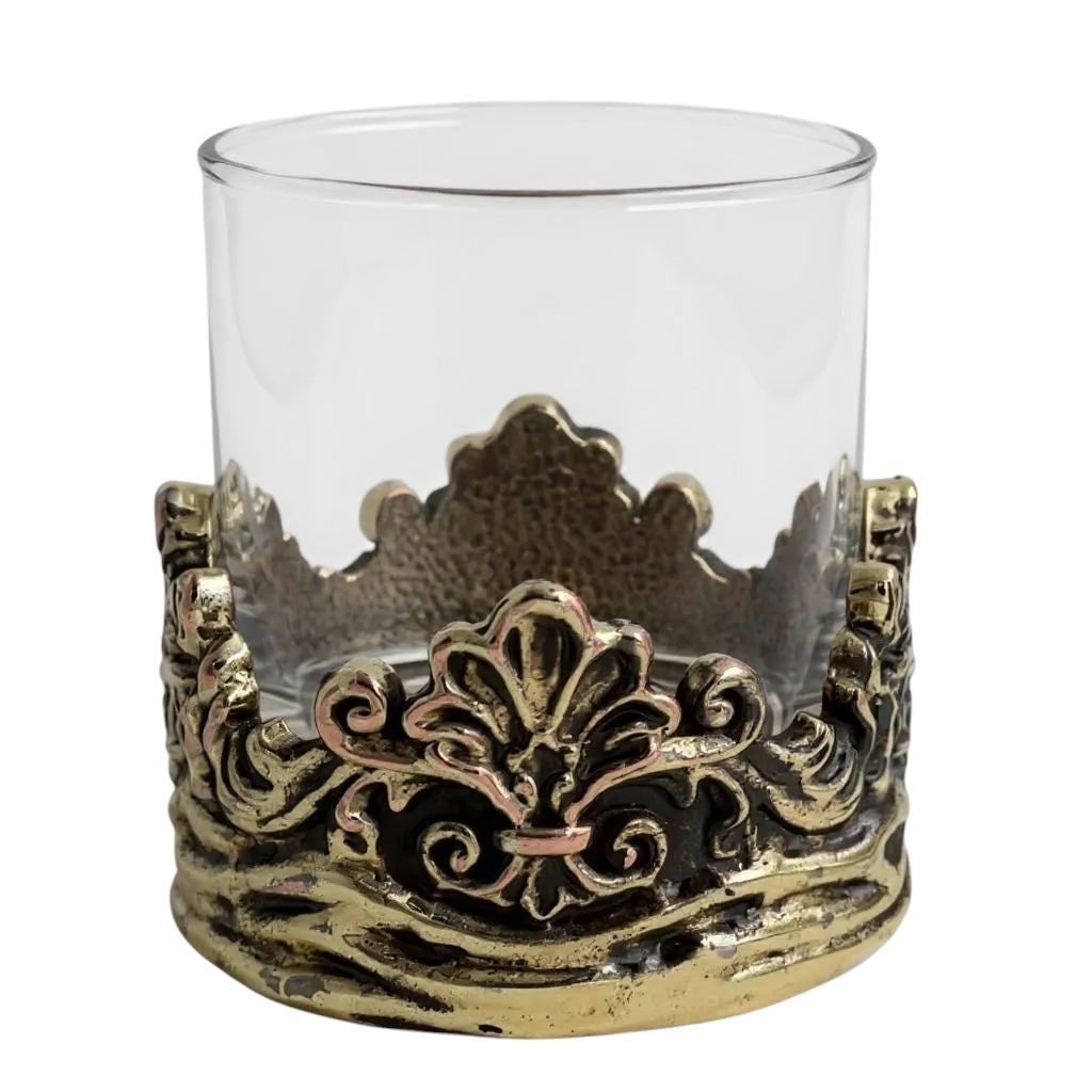 Set of 2 & Set of 4 - Intricate Baroque-style Crown Detail Whiskey Glasses | Juice Glasses | Statement Barware | Gold, Silver or Antique Finish