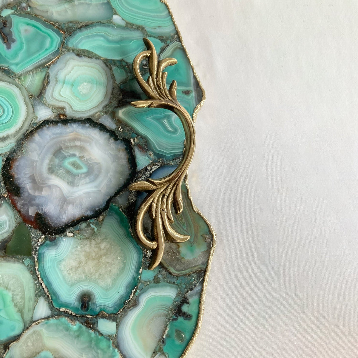 Large Green Agate Serving Tray with Brass Handles 10" x 15"