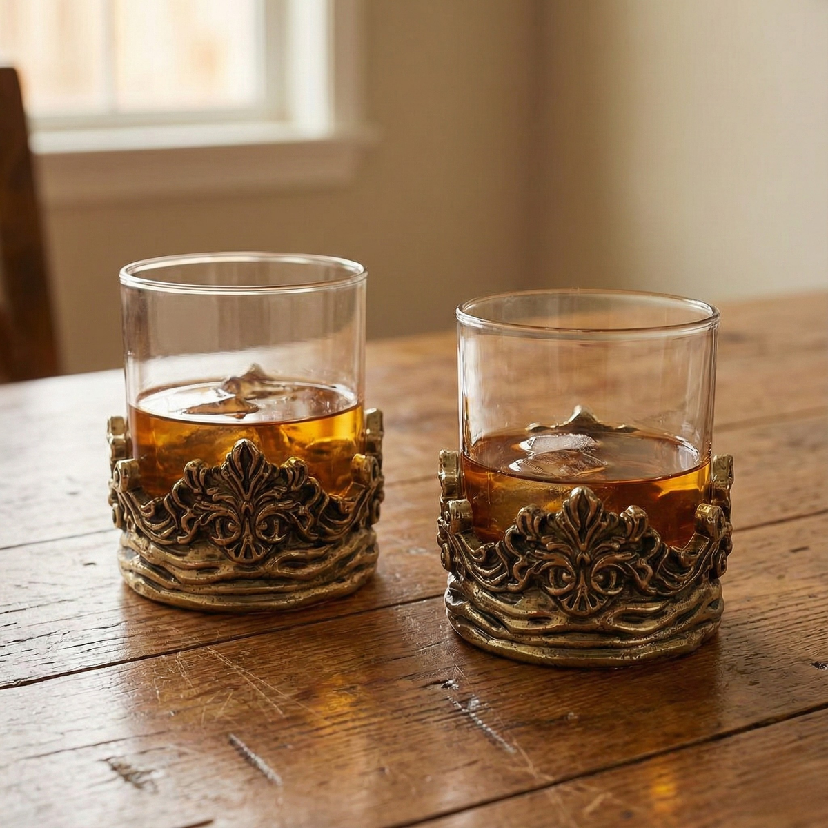 Set of 2 & Set of 4 - Intricate Baroque-style Crown Detail Whiskey Glasses | Juice Glasses | Statement Barware | Gold, Silver or Antique Finish