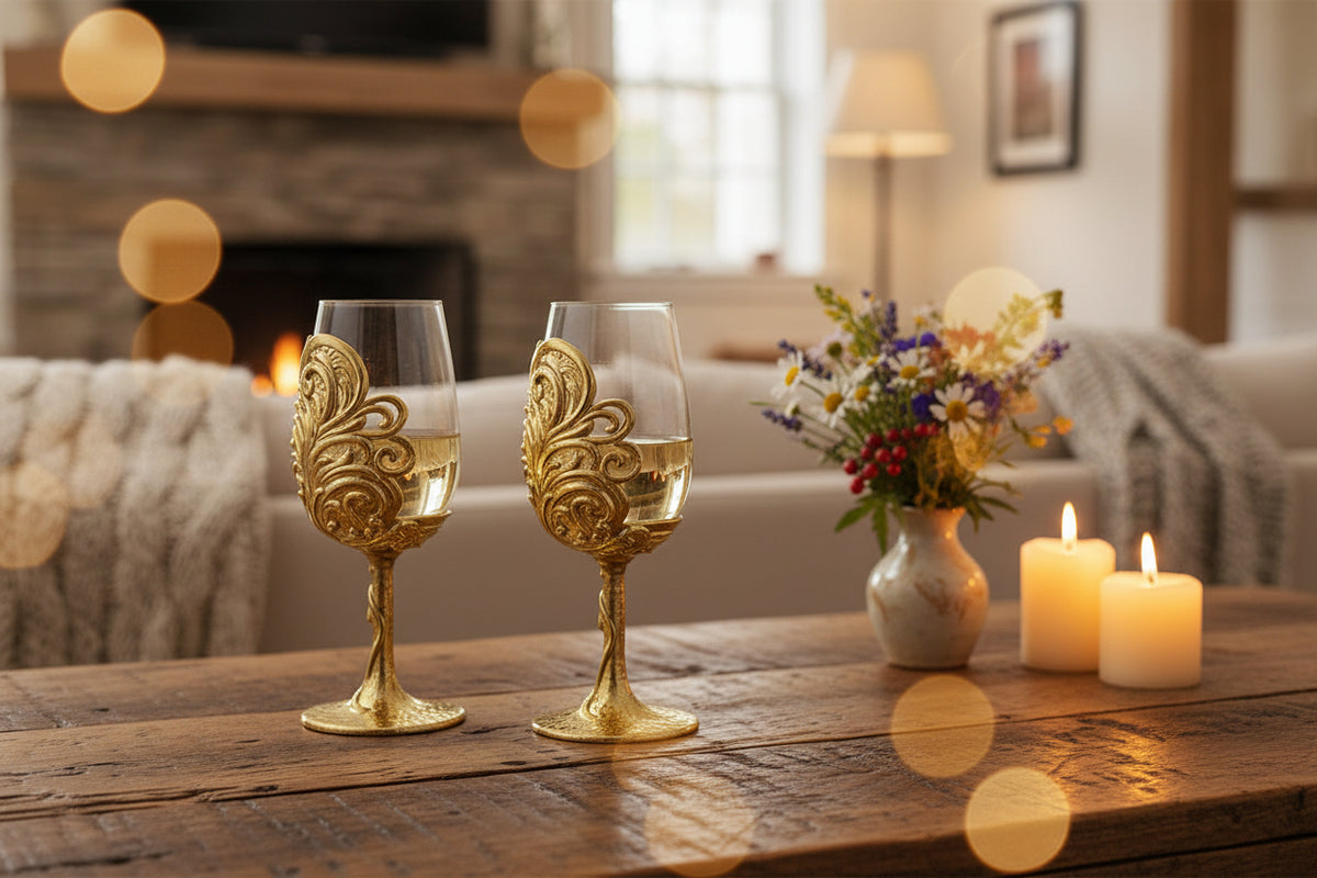 Decorative wine glass with gold intricate design on a white background