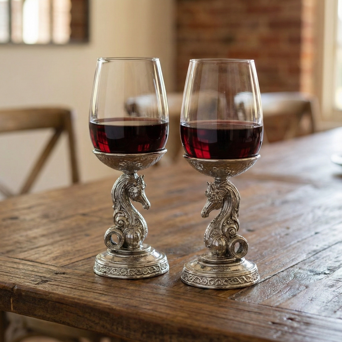 Two wine glasses with silver horsehead bases on a wooden table.