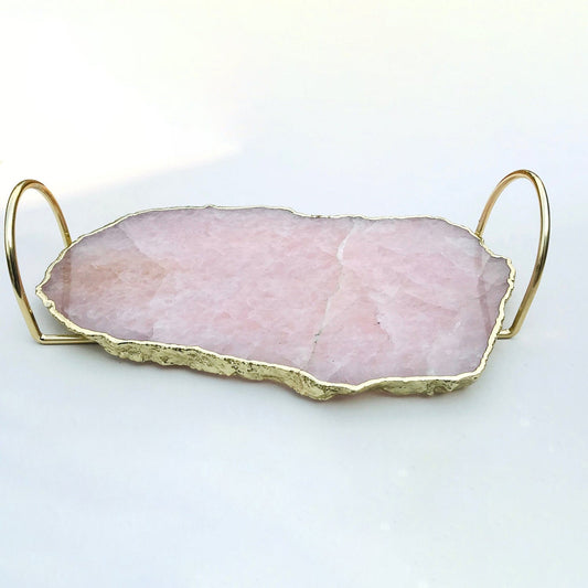 Rose Quartz Agate Serving Tray With Brass Loop Handles
