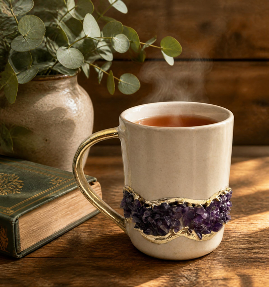 Flow - Handcrafted Set of 2 Crystal Chip Band Cream Ceramic Mugs