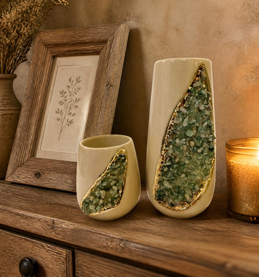 Handcrafted Cream Ceramic Vases with Agate Crystals
