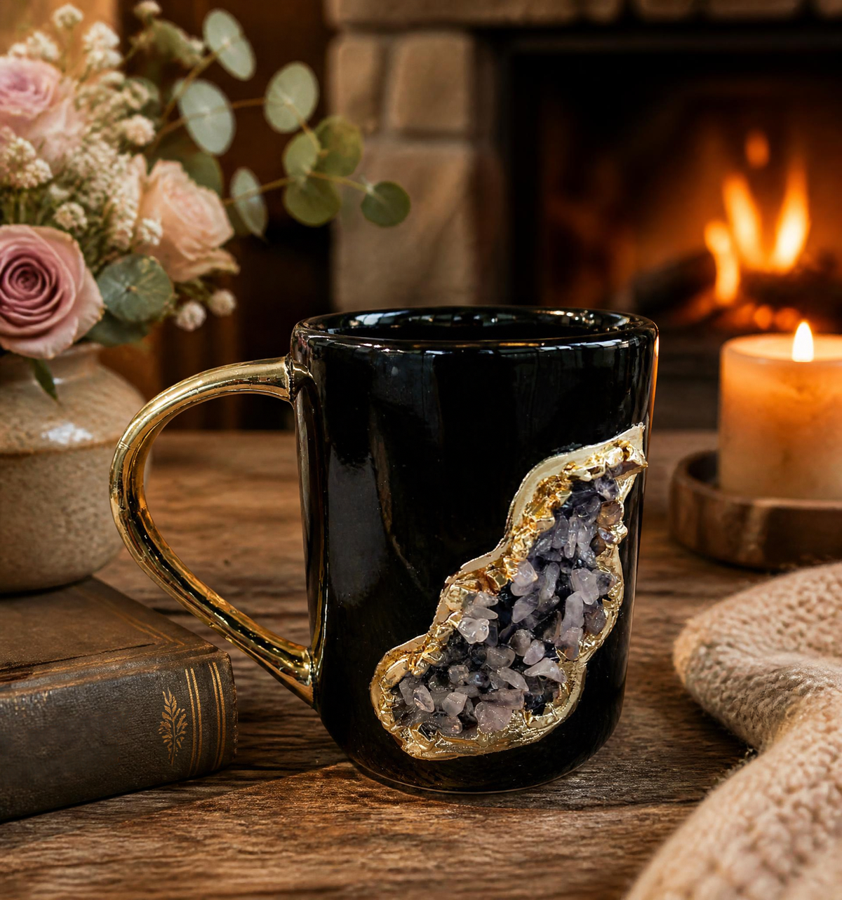 Wave - Handcrafted Set of 2 Crystal Classic Gemstone Black Ceramic Mugs