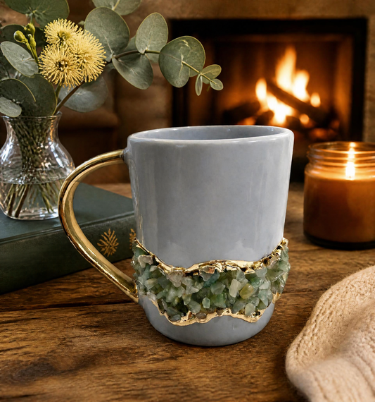 Flow - Handcrafted Set of 2 Crystal Chip Band Gray Ceramic Mugs