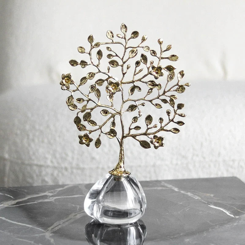 Golden Crystal Tree Ornament – Decorative Art Sculpture with Glass Base