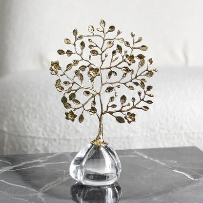 Golden Crystal Tree Ornament – Decorative Art Sculpture with Glass Base