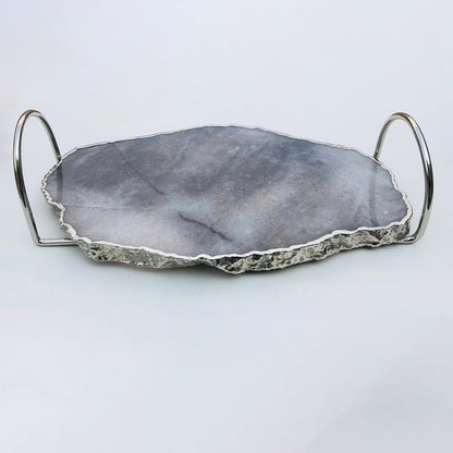 Gray Agate Quartz Serving Tray With Silver Finish Loop Handles