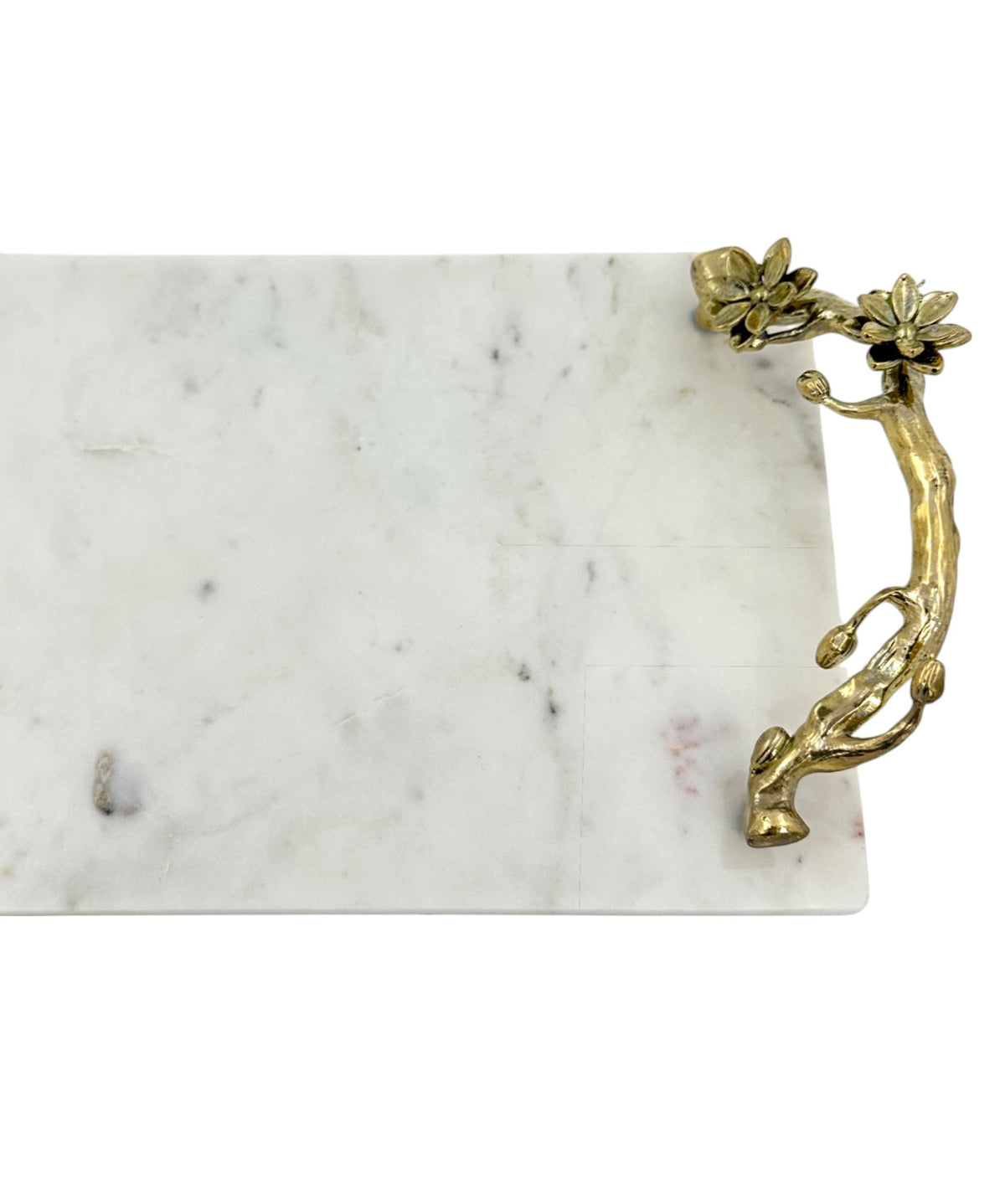 White Marble Natural Serving Tray with Gilded Floral Handles