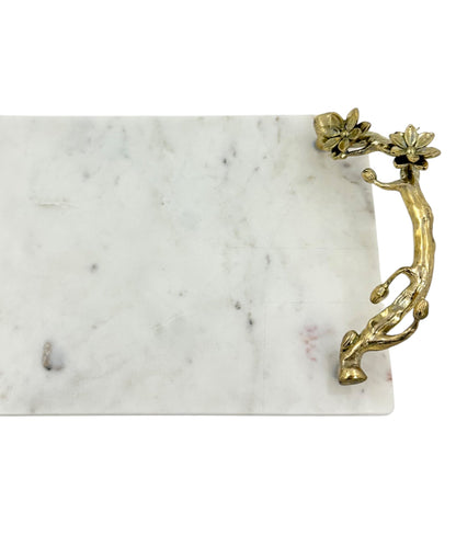 White Marble Natural Serving Tray with Gilded Floral Handles