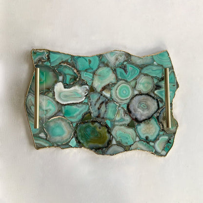 Large Green Agate Serving Tray with Brass Handles 10" x 15"