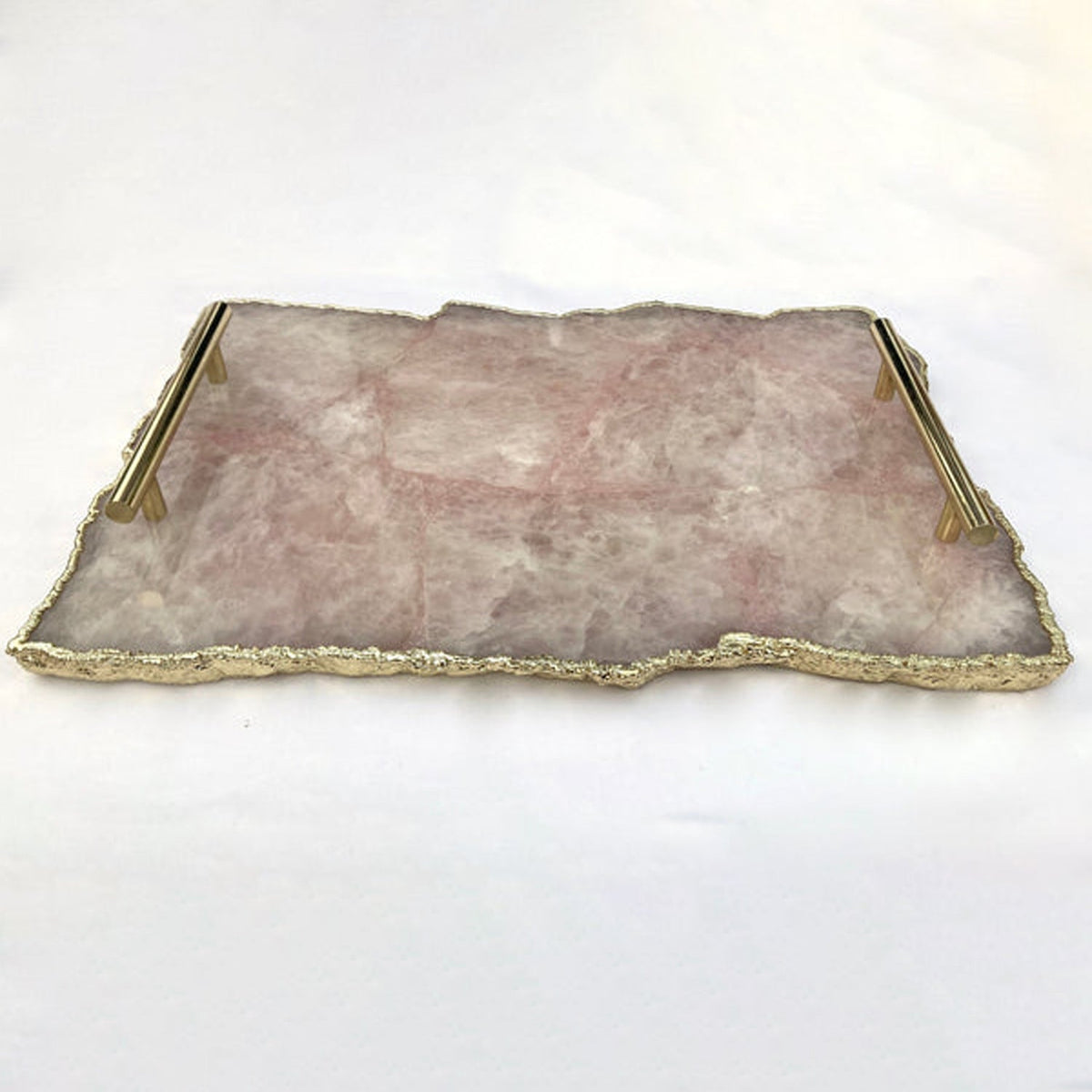 Large Rose Quartz Agate Serving Tray With Brass Handles 10"x15"