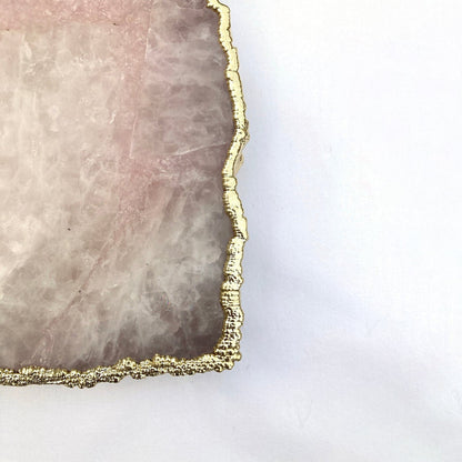 Large Rose Quartz Agate Serving Tray With Brass Handles 10"x15"