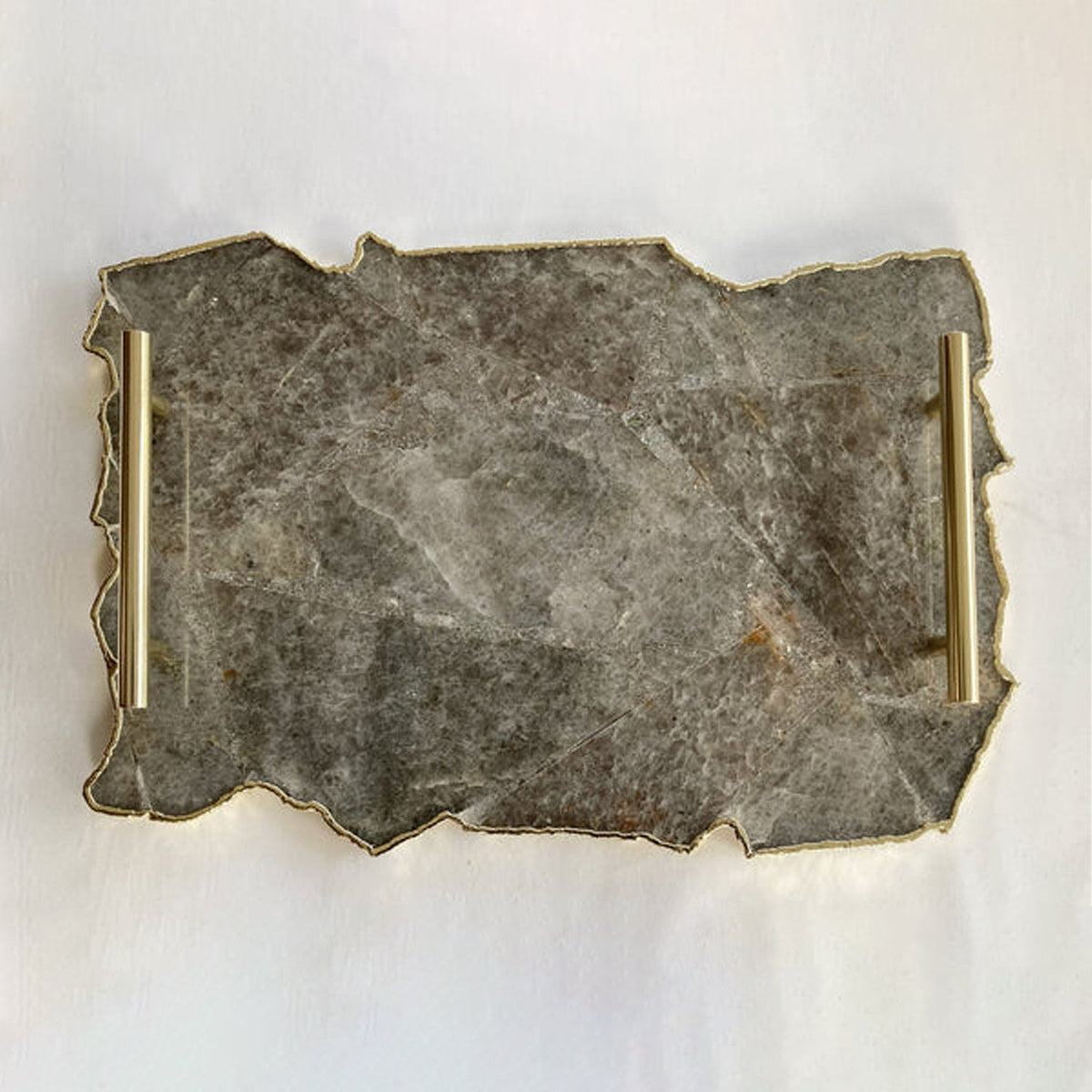 Large Smoky Gray Agate Serving Tray with Brass Handles 10" x 15"