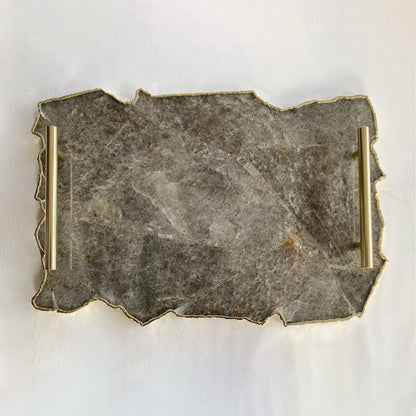 Large Smoky Gray Agate Serving Tray with Brass Handles 10" x 15"