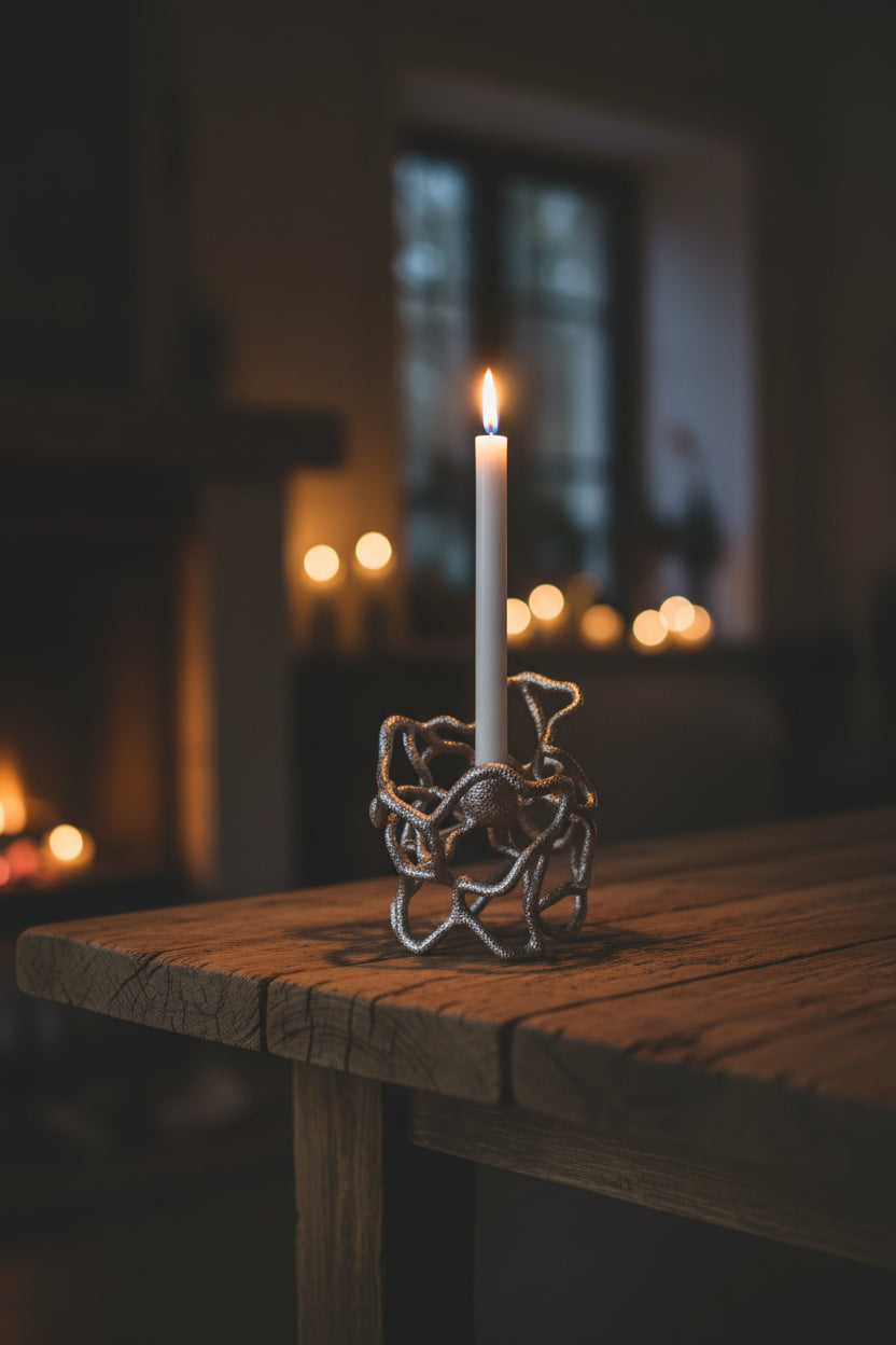 Decorative candle holder with a white candle on a white background