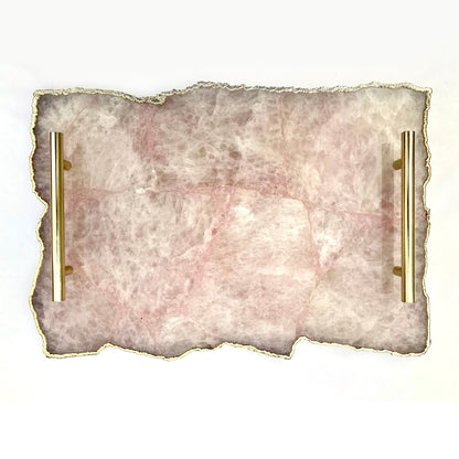 Large Rose Quartz Agate Serving Tray With Brass Handles 10"x15"