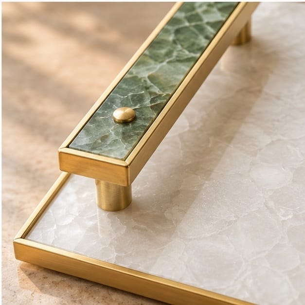 White Crystal Agate Serving Tray with Green Agate Handles