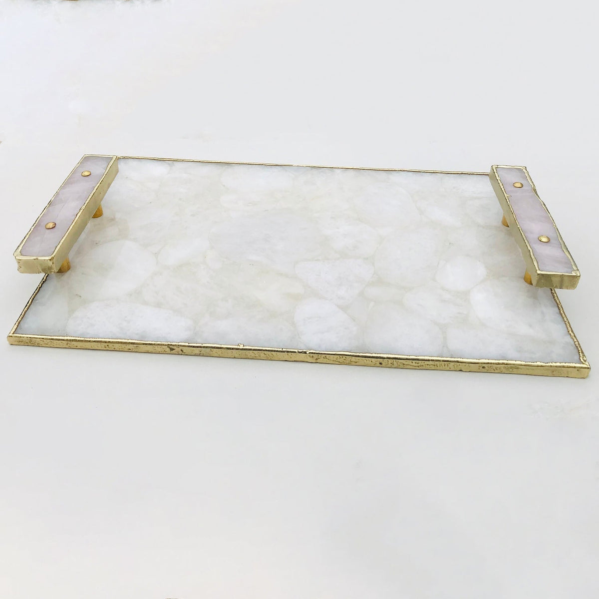 White Crystal Agate Serving Tray with Rose Quartz Handles