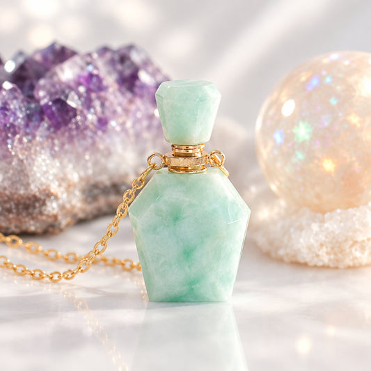 24K Gold-Plated Amazonite Crystal Bottle Necklace | Handmade Aromatherapy Pendant