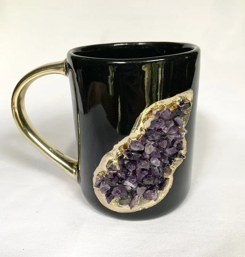 Wave - Handcrafted Set of 2 Crystal Classic Gemstone Black Ceramic Mugs